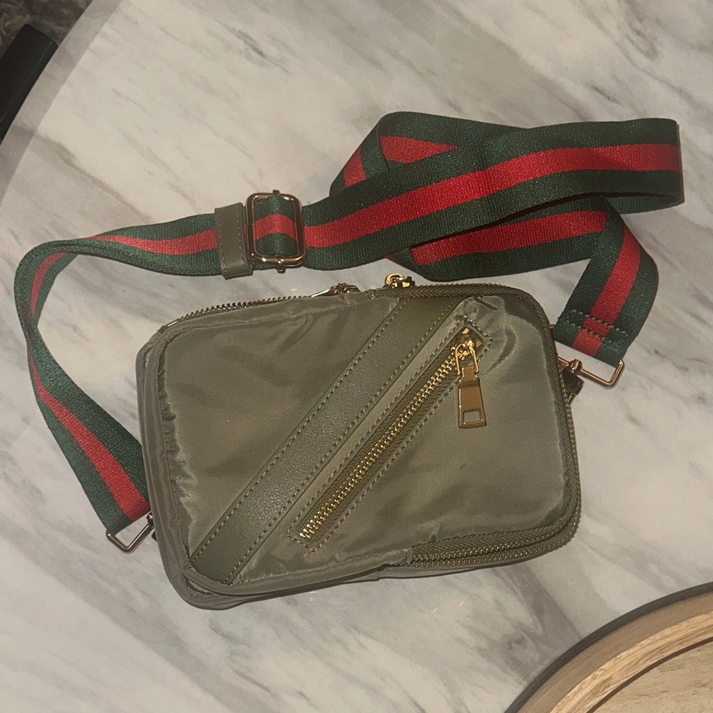 Sol and Selene Olive Crossbody Bag with Red and Green Strap